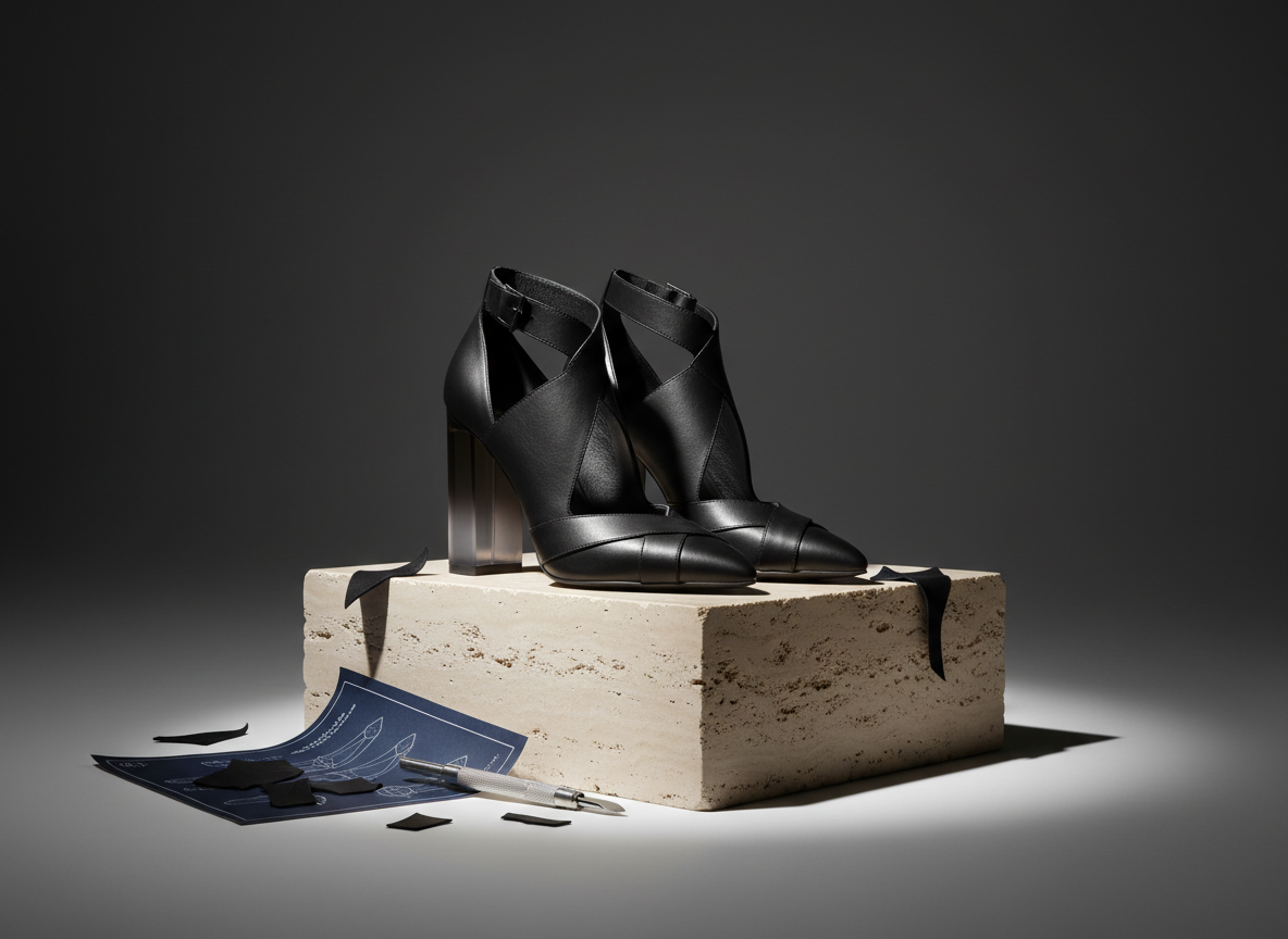A sophisticated still life of a custom-designed pair of sculptural heels placed on a low, monolithic travertine plinth. The shoes feature a matte black leather upper with sharply cut geometric lines and a translucent smoked-acrylic heel that refracts light in subtle gradients. Around the base, small offcut pieces of leather, a precision craft knife, and a folded technical blueprint hint at the making process. The background fades into a smooth charcoal gradient backdrop. A single, directional studio light from the right creates dramatic, controlled shadows and a soft rim light along the acrylic edges. Captured in a three-quarter view at a slightly low angle, the image feels like a luxury campaign photograph: minimal, bold, and meticulously composed with a high-end, photographic aesthetic.