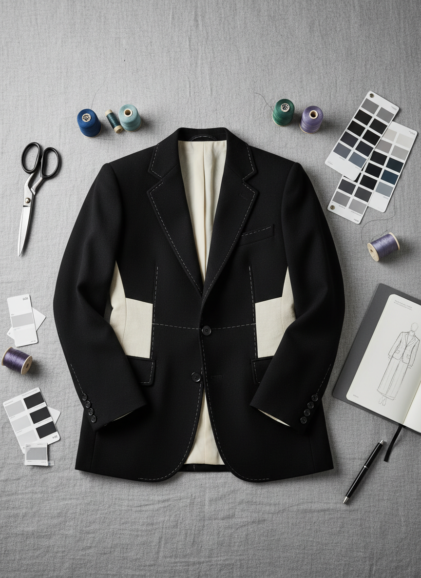 A meticulously arranged flat lay of high-fashion design essentials on a muted dove-grey linen surface. Centered is a structured, half-constructed couture jacket in luxurious black wool, its inner cream canvas and precise hand-basting stitches clearly visible. Surrounding it are sharp tailoring shears, fine silk thread spools in desaturated jewel tones, Pantone color swatches, and a sleek graphite sketchbook opened to an architectural garment drawing. Soft, diffused studio lighting from the left creates gentle shadows that emphasize textures and craftsmanship. Shot from directly overhead with sharp focus throughout, the composition feels balanced and editorial. The mood is sophisticated, calm, and intentional, reflecting a multidisciplinary designer’s process in photographic realism with a clean, modern aesthetic.