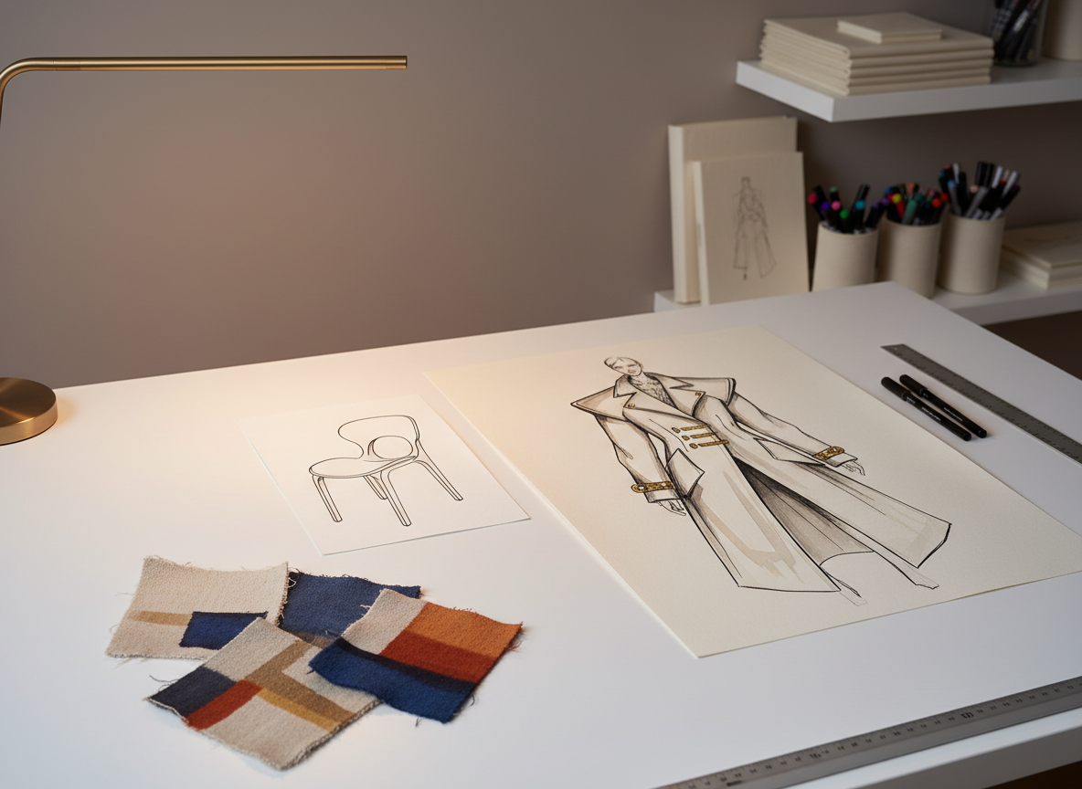 A pristine white drafting table set against a soft taupe wall, covered with an organized spread of multidisciplinary design work: a detailed fashion illustration of an avant-garde coat in ink and watercolor, a minimalist line drawing of a chair prototype, and small color-blocked textile samples with subtly frayed edges. A slim, matte-brass desk lamp casts warm, focused light across the papers, creating delicate highlights on metallic gouache accents and gentle shadows from fine-line pens and a metal ruler. In the background, blurred shelves display neatly stacked sketchbooks and cylindrical containers of markers. Shot from a slightly elevated angle, the composition uses the rule of thirds to emphasize the main illustration. The mood is contemplative, intellectual, and quietly luxurious, rendered in clean, photographic realism.