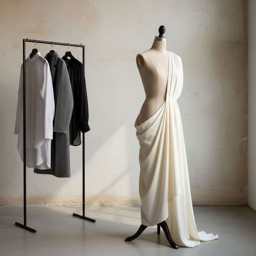 A minimalist fashion studio corner featuring an elegant, asymmetrical dress form draped with a fluid ivory silk garment, its surface catching subtle highlights along precisely pinned pleats. The mannequin stands beside a tall, matte-black metal clothing rack holding a curated row of monochrome garments in varied textures: crisp cotton poplin, brushed wool, and sheer organza. Behind, a large raw plaster wall in warm off-white adds quiet texture. Natural late-afternoon light filters in from an unseen window, casting elongated, soft-edged shadows across the polished concrete floor. Captured at eye level with a shallow depth of field, the focus lingers on the interplay of fabric and form. The atmosphere is serene, refined, and gallery-like, in a photographic, contemporary editorial style.