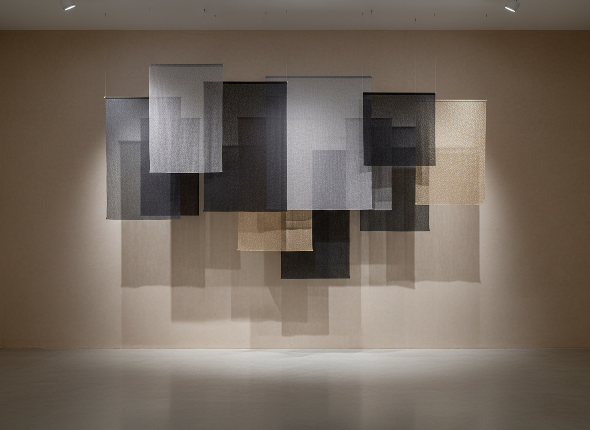 An experimental textile art installation suspended in front of a muted sand-colored wall, featuring layered rectangular panels of sheer organza, brushed wool, and metallic-thread mesh in a restrained palette of stone, ink, and champagne. Each panel is subtly offset, creating a sense of depth and movement as edges overlap. Discreet ceiling-mounted spotlights cast soft, directional beams that produce intricate, overlapping shadows on the wall, revealing the weave and transparency of each material. The polished concrete floor reflects a faint, blurred echo of the composition. Photographed straight-on with generous negative space and sharp focus, the image feels like a museum documentation shot. The atmosphere is contemplative and elevated, merging fashion, art, and spatial design in calm, photographic realism.
